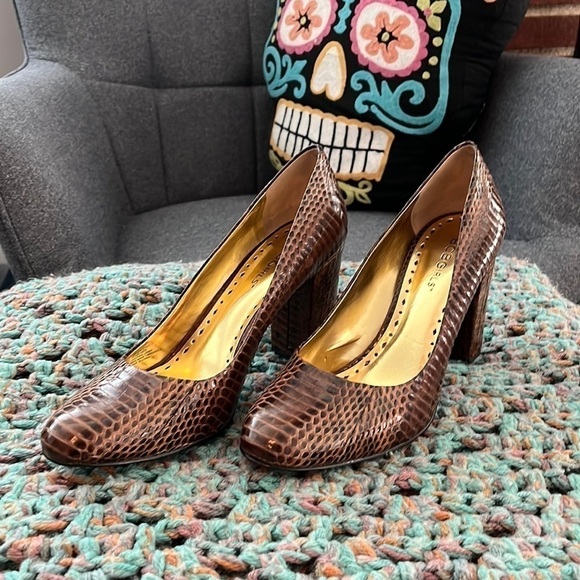 BCBGIRLS size 8 1/2 blocked heel pumps.  Brown snake skin in color. Excellent - Picture 1 of 6